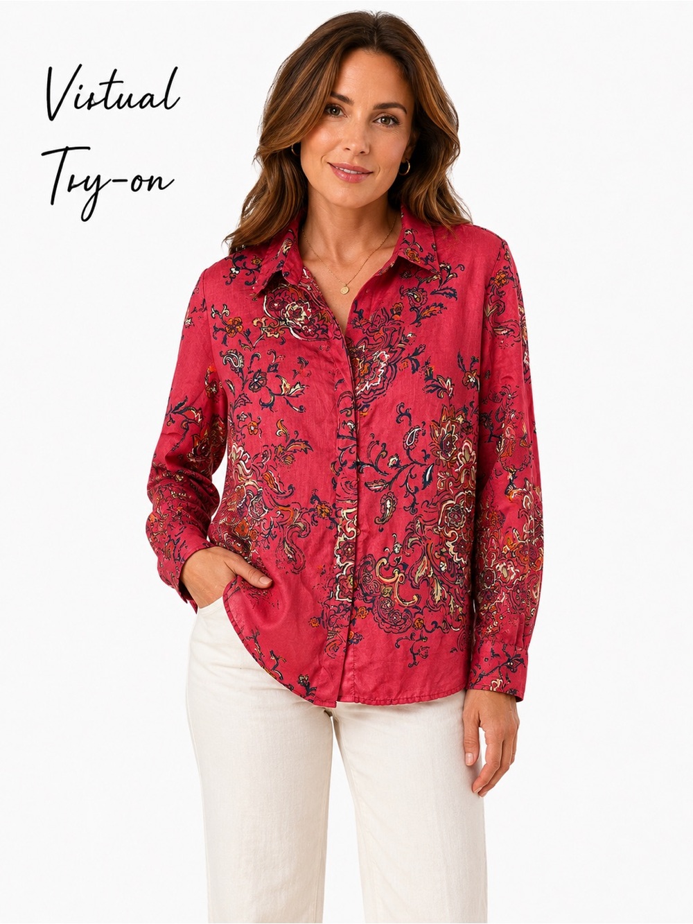 Coldwater Creek Red Floral Button-Down Shirt